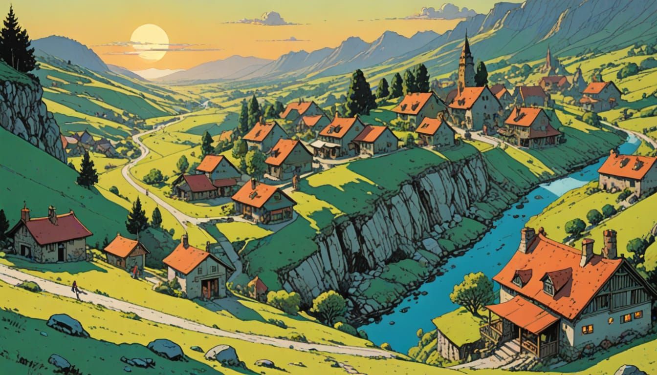 Sunlit Valley in Pastel Comic Book Art Style