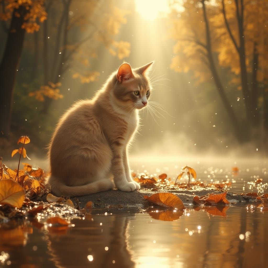 Tiny Pearl Cat in Mystical Autumn Light