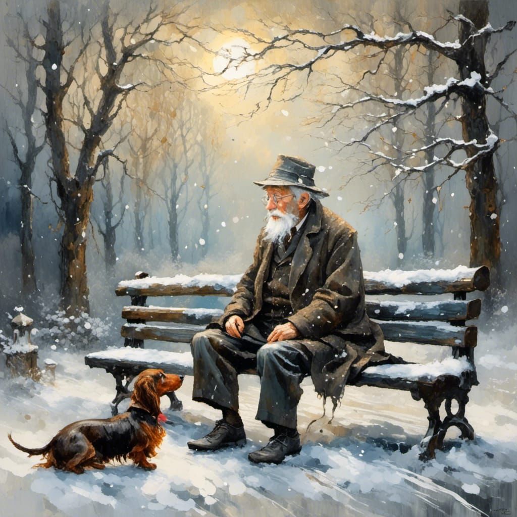 Irish Man and Dog in Winter, Impasto Oil Painting