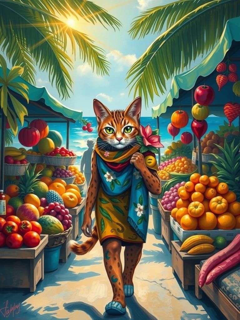 Anthropomorphic Cat Explores Tropical Farmers Market in Vibr...