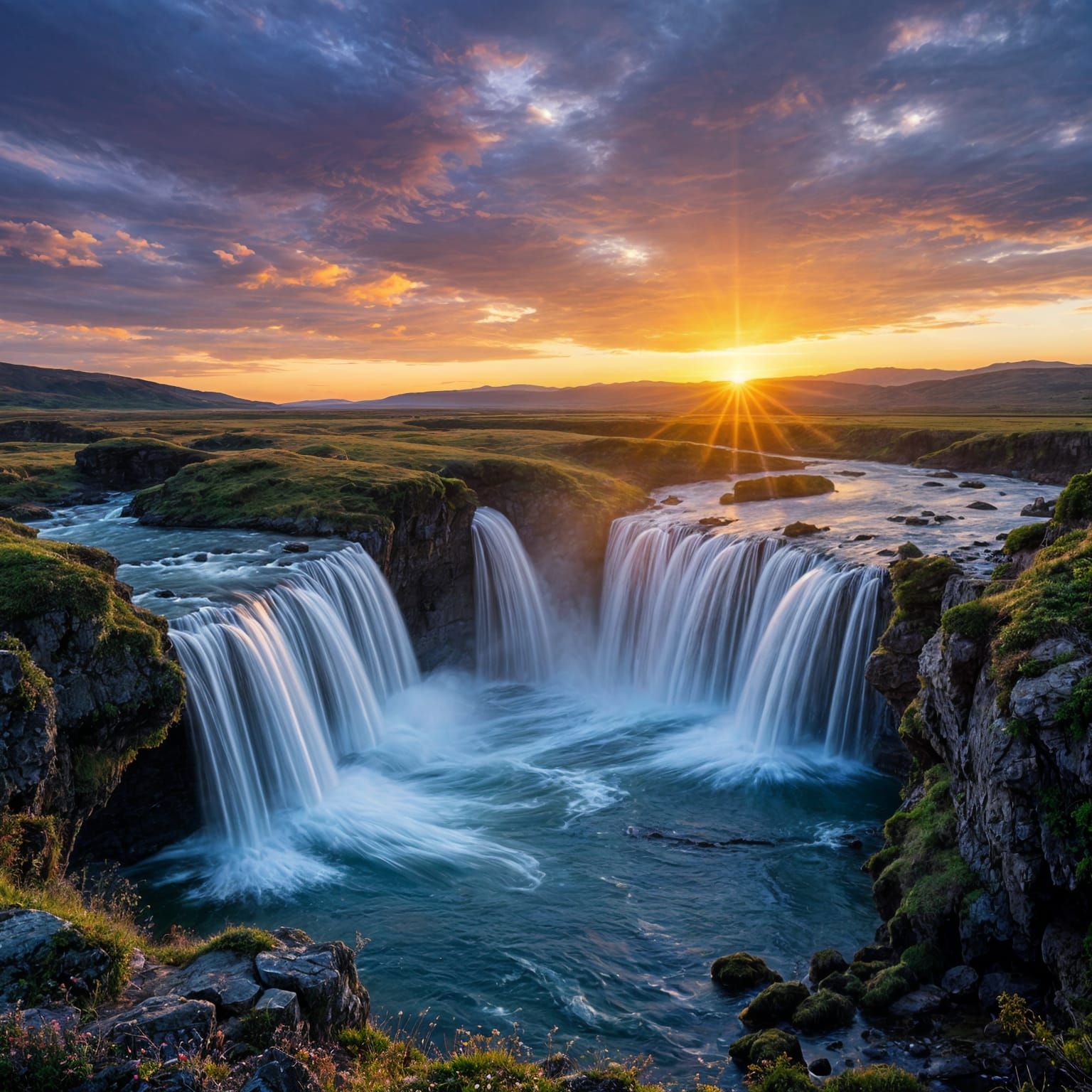 Picturesque Waterfall Sunset Landscape