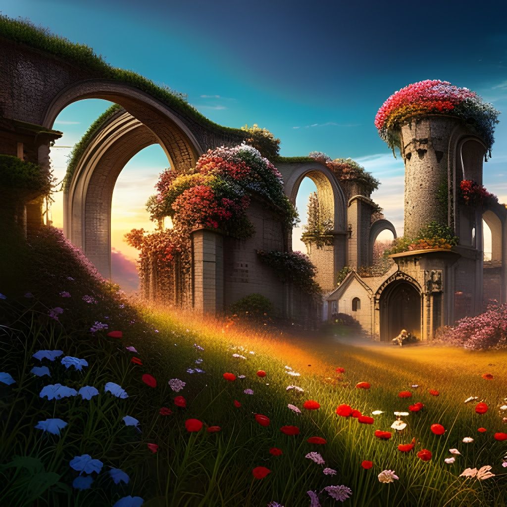 Wildflowers Bloom in Ruins: Intricate Fantasy Art