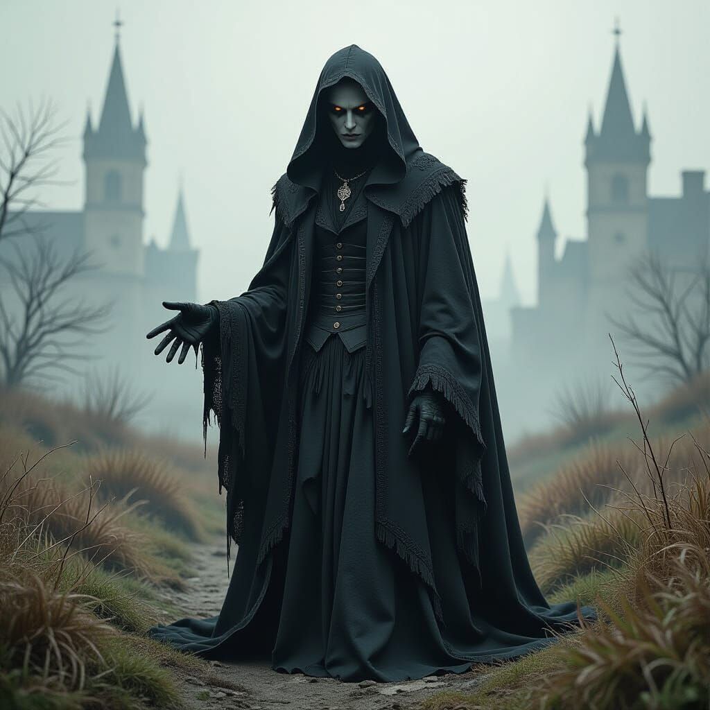 Eerie Victorian Figure in Gothic Landscape