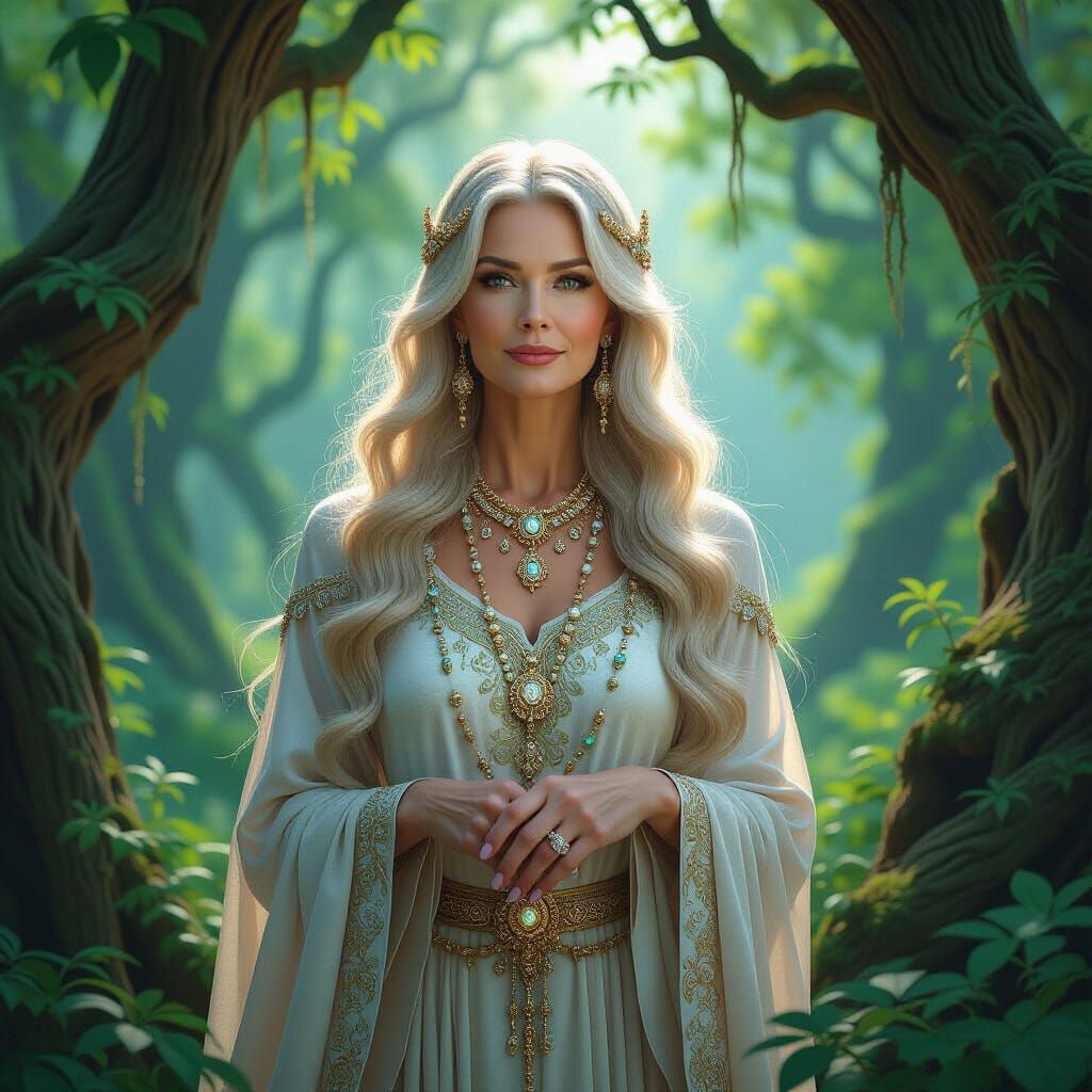 Ethereal Woman in Ancient Forest, Art Nouveau Style