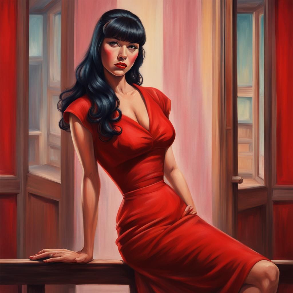 Beautiful 1950s Woman in Red Dress, Hyperrealistic Art