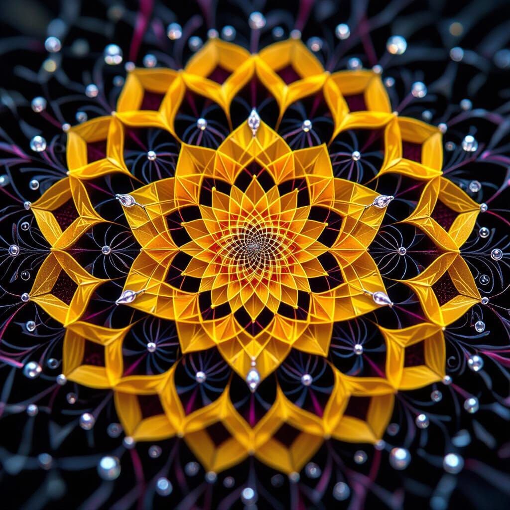 Golden Yellow Mandala with Red Threads and Silver Drops