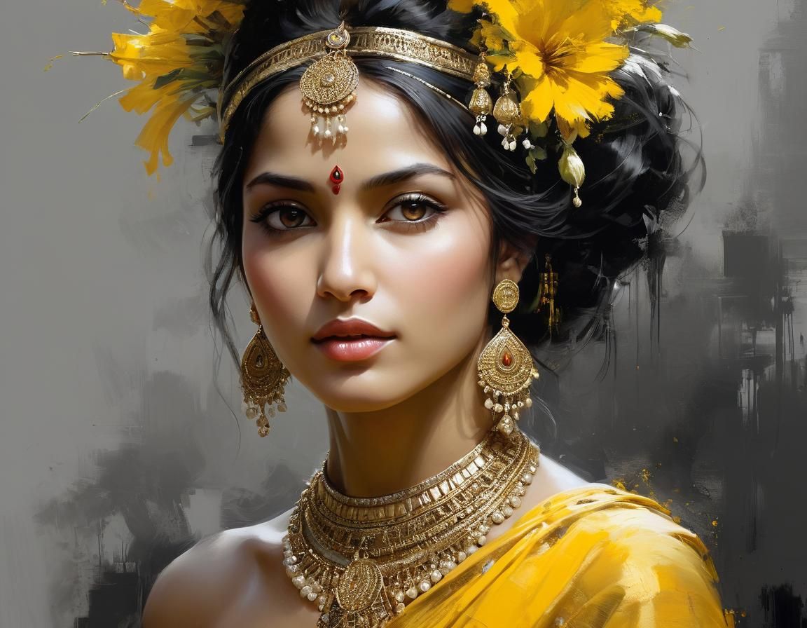 Indian Woman Portrait with Gold Jewelry in Fine Art