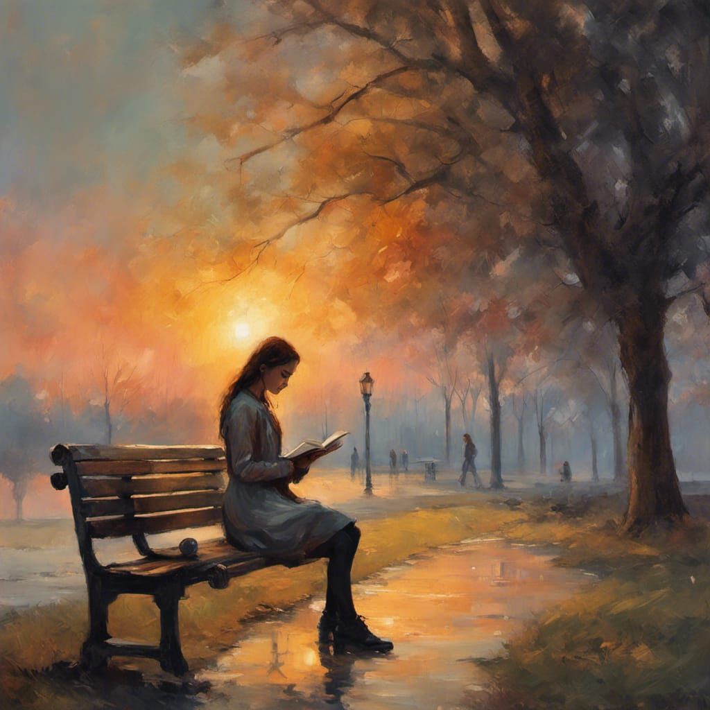 Girl Reading at Sunset: Dreamlike Oil Painting