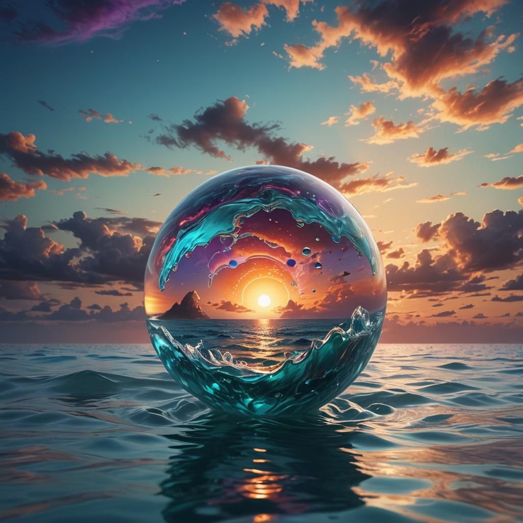 Glass Ball Floating on Ocean Surface in Matte Painting Style