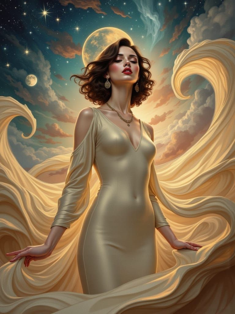 Art Deco Goddess Embodying Serenity in Celestial Harmony
