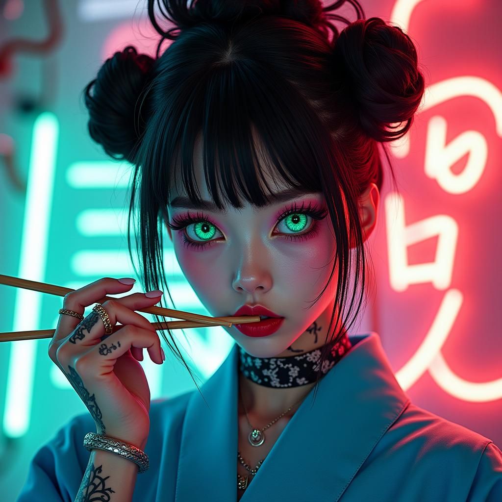 Geisha in Cyberpunk Dreamscape with Bold Makeup and Hair