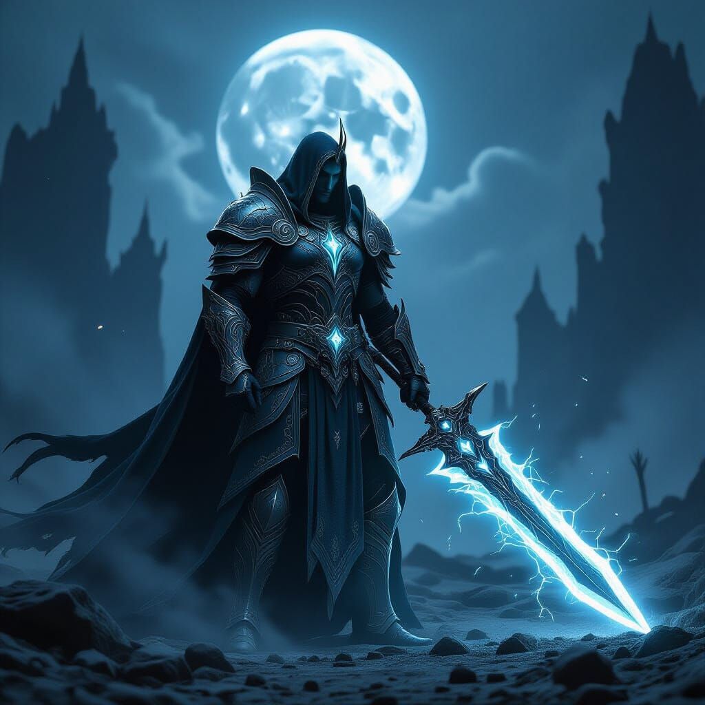 Ancient Elven Warrior on Moonlit Battlefield
