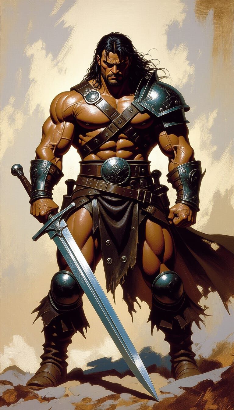 Muscular Warrior in Leather Armor, Fantasy Art Style