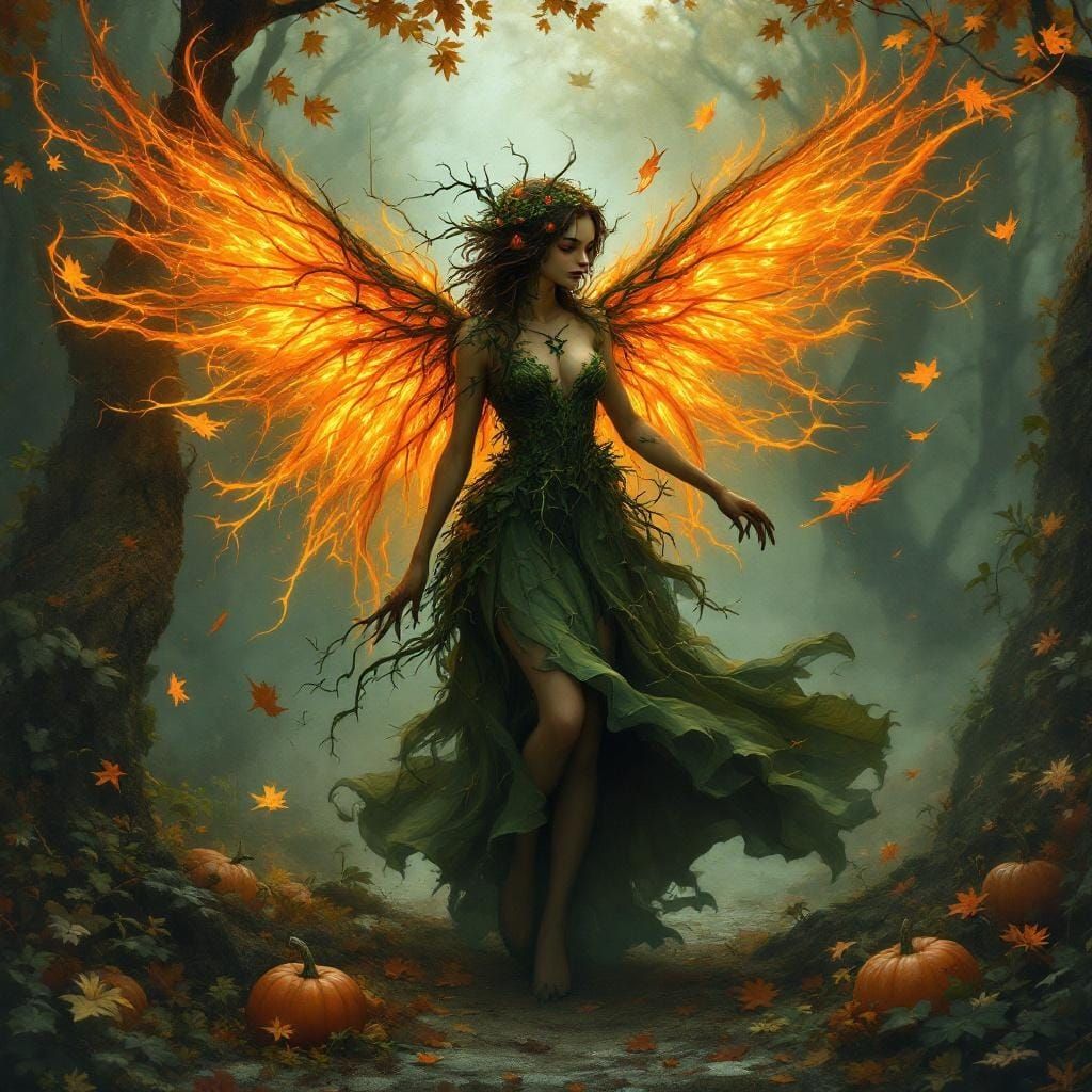Autumn Fairy with Fire Wings in Whimsical Style