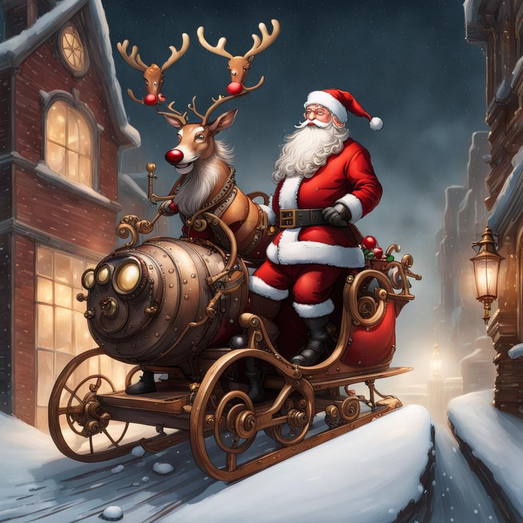 Steampunk Santa Claus Sleigh Landing on Roof