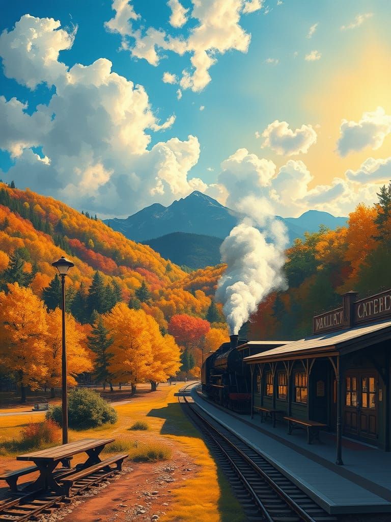 Steam Train in Valley: Expressionist Oil Painting