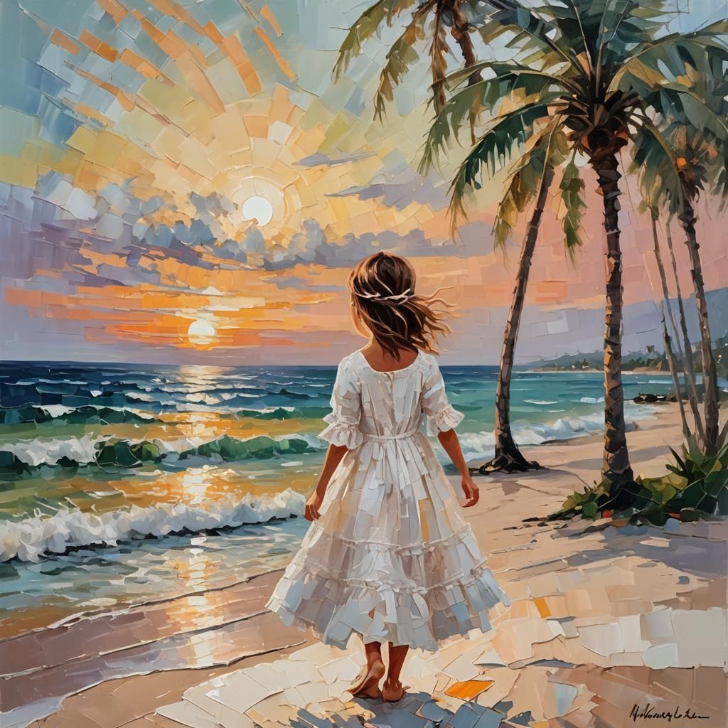 Girl, sunset over the sea