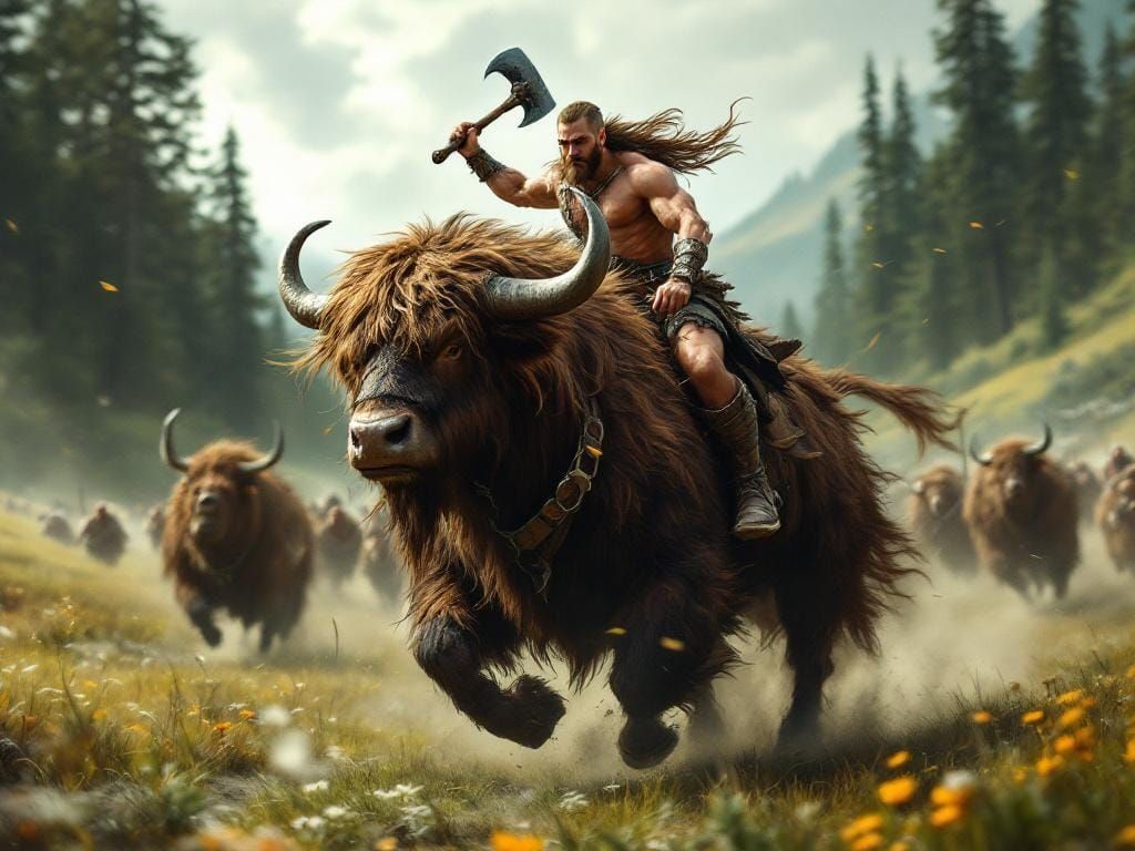 Viking Warrior Rides Aurochs in Fantasy Landscape