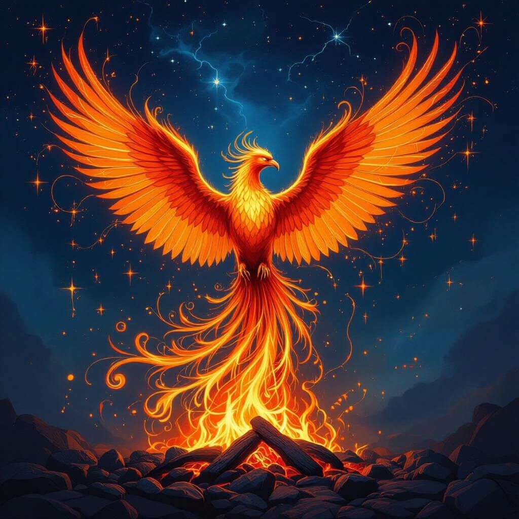 Luminous Phoenix Rises from Embers in Fiery Display