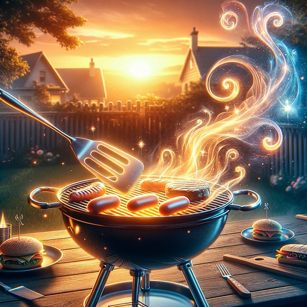 Magical Sunset BBQ with Floating Utensils