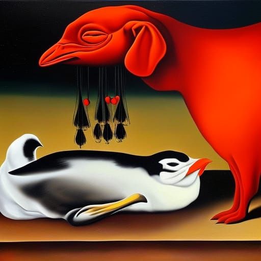 Red Hen and Beagle Sleeping in Surreal Dali Style