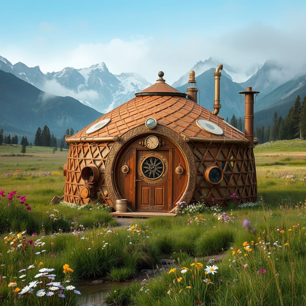 Steampunk Yurt in Majestic Mountain Landscape