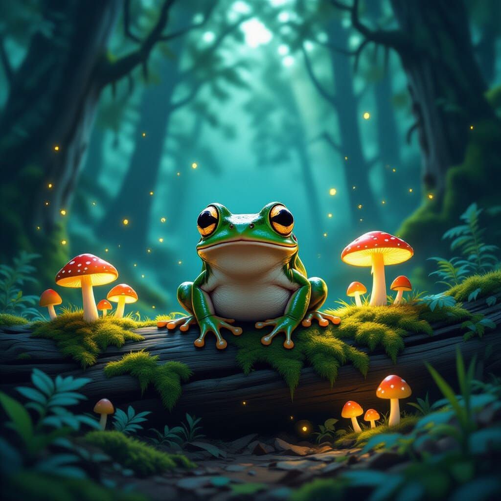 Expressive Frog in Magical Forest at Dusk
