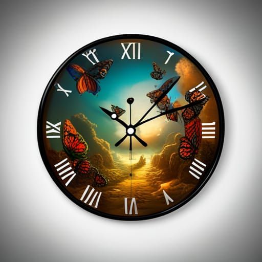 Surreal Clock with Butterfly Garden in Salvador Dali Style