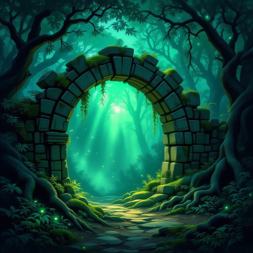 Emerald Light Through Ancient Forest Archway