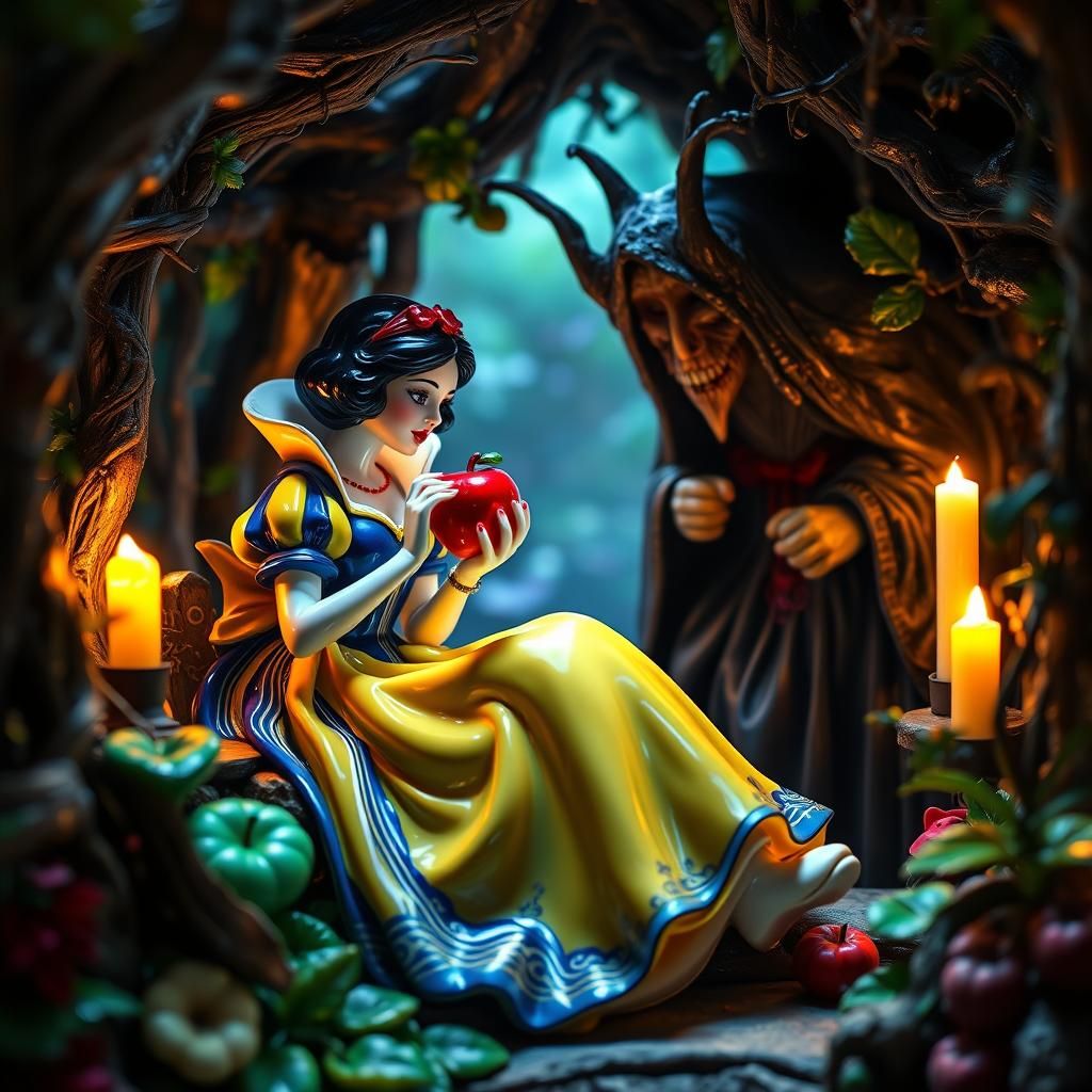 Snow White in Jungle Hut, Enameled Glass Figurines
