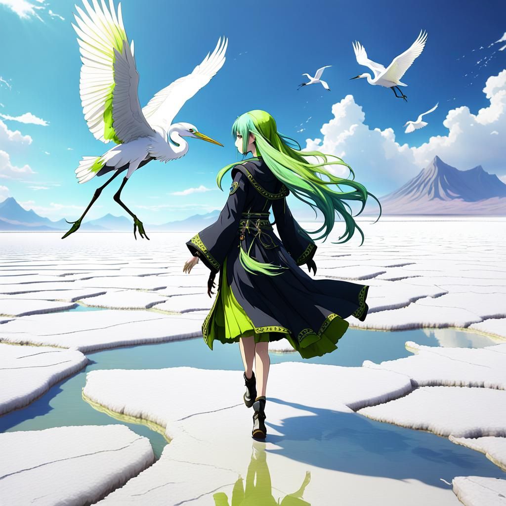 Anime Girl and Egret on Salt Flats