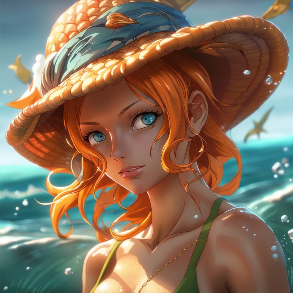 Hyperrealistic Nami Portrait in Bikini, Detailed Concept Art