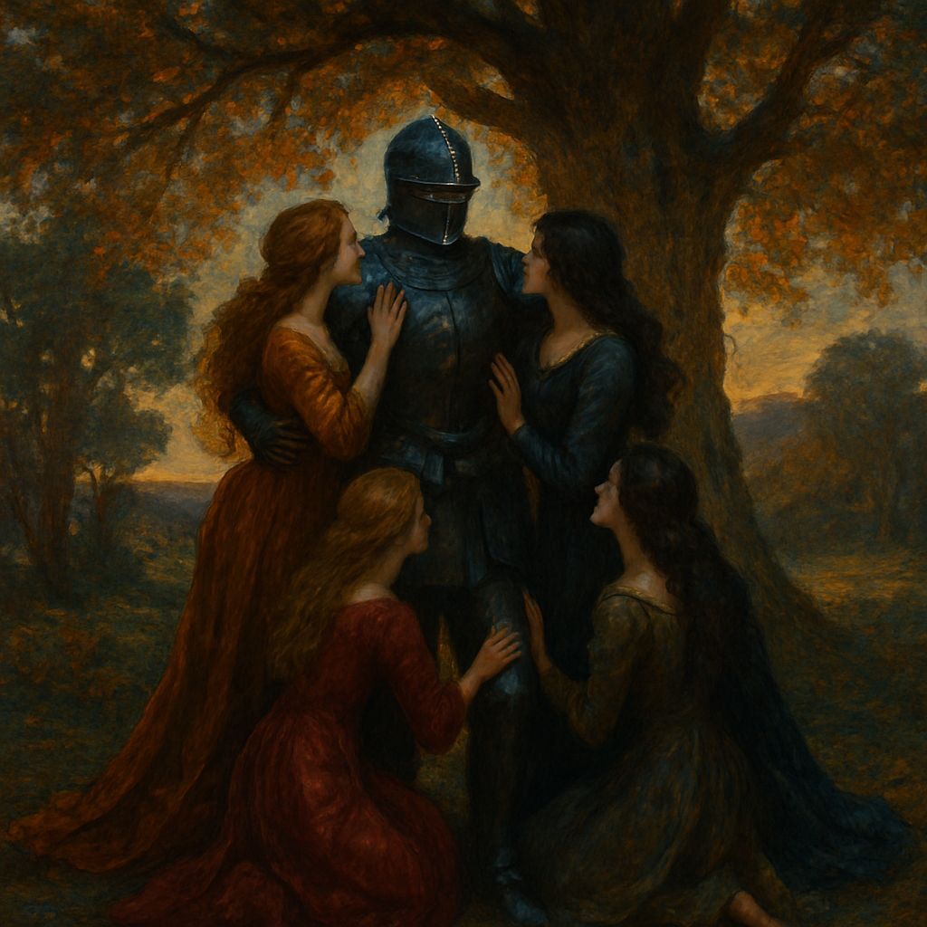 Knight Surrounded by Maidens in Dark Fantasy Realism
