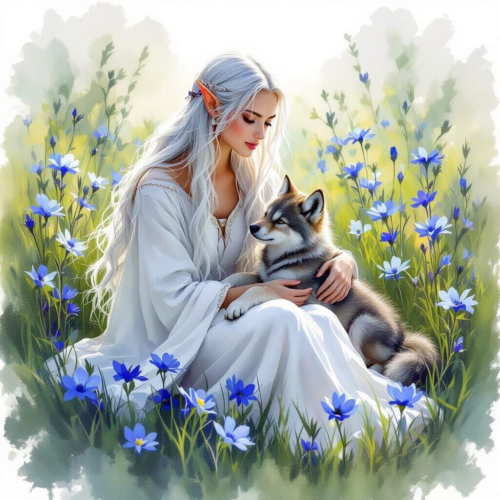 Elven woman with her pet wolf