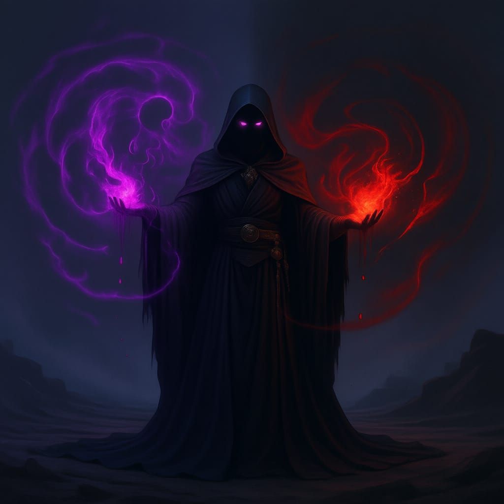Mystic Robed Figure Contemplating Dual Powers