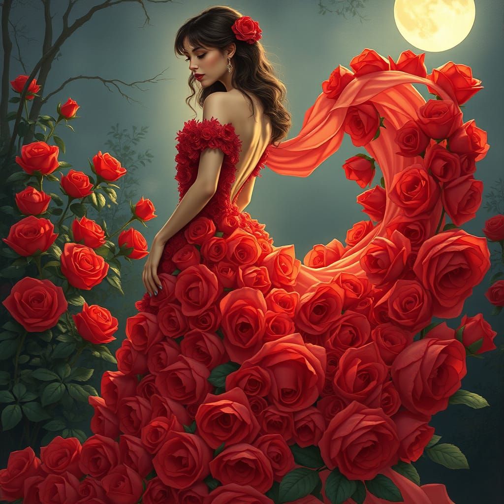 Woman in Rose Gown in Moonlit Garden