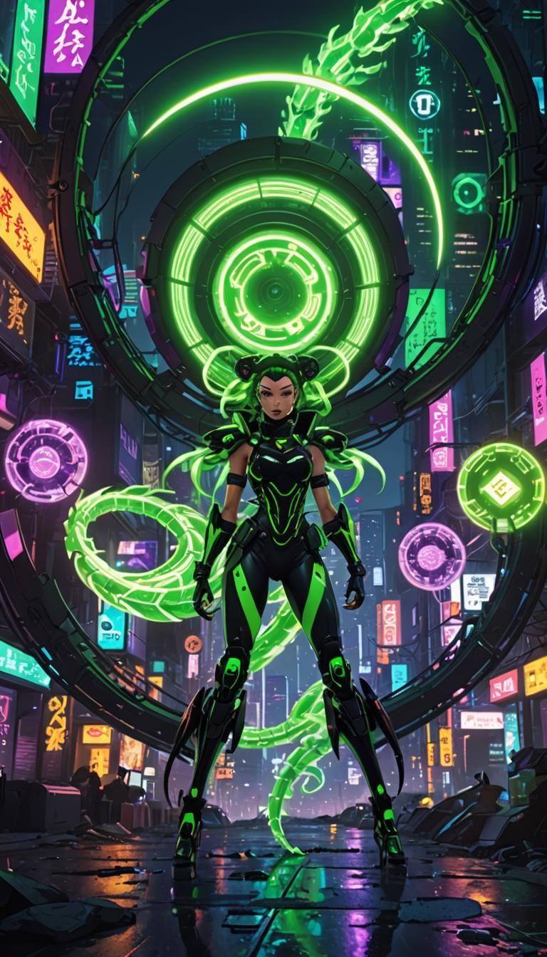 Cyberpunk Scorpion Girl in Futuristic Cityscape