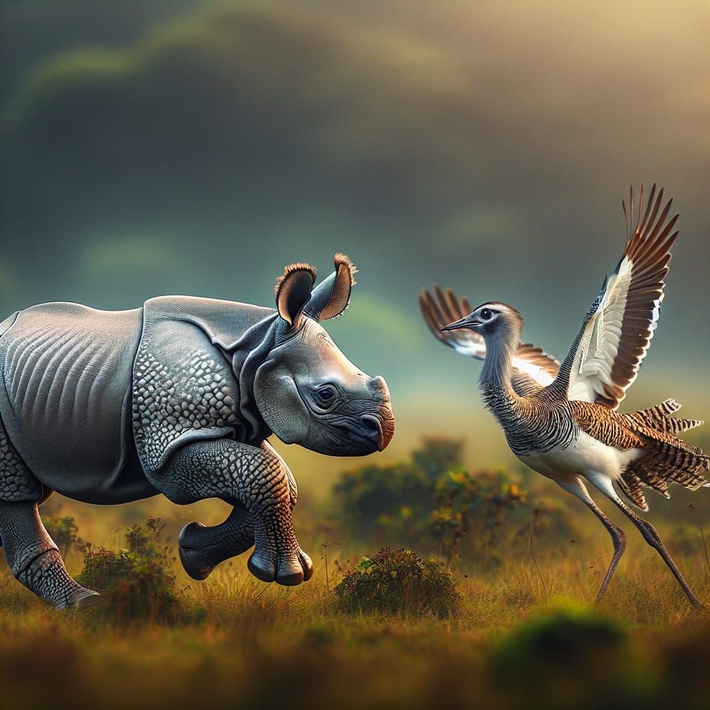 Baby Rhino Chasing Bustard in Indian Grassland