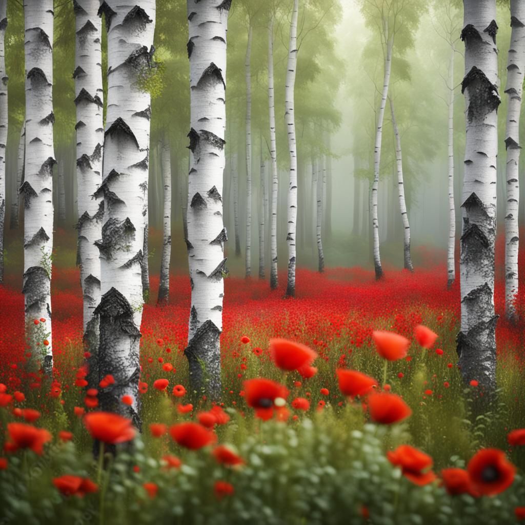 Red Poppies in Misty Birch Forest Photograph