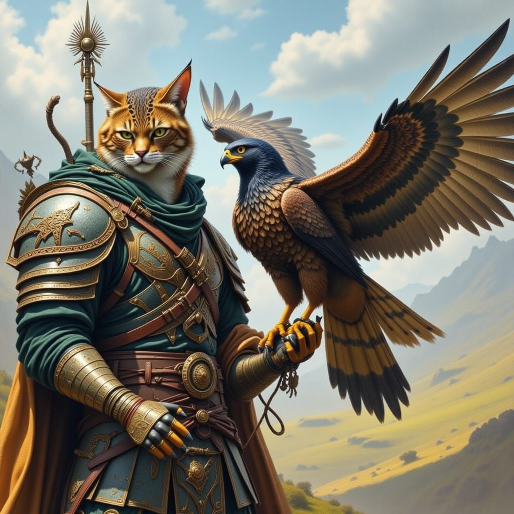 Feline Warrior and Falcon Companion
