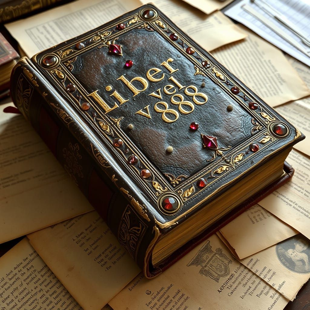 Antique Leatherbound Tome with Gemstones and Gold Leaf