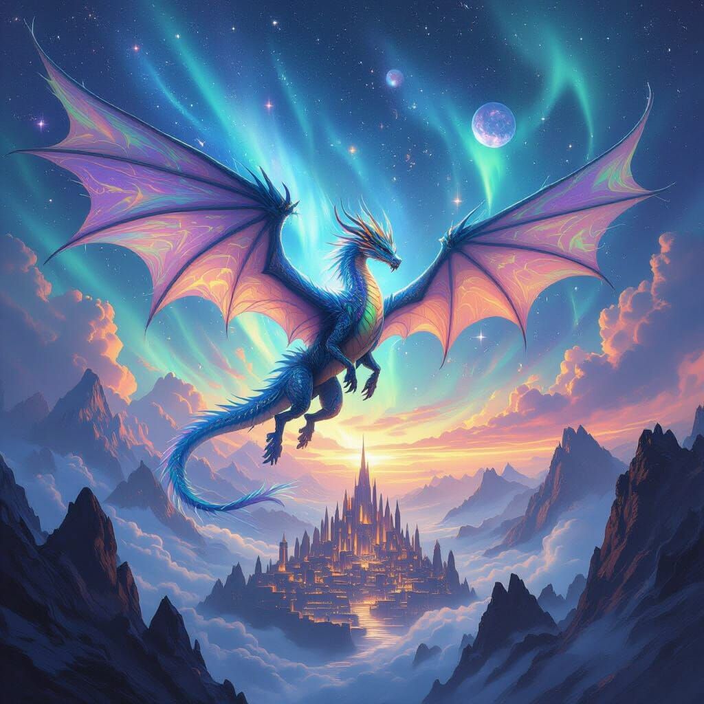 Feathered Dragon Soars Through Cosmic Aurora Sky