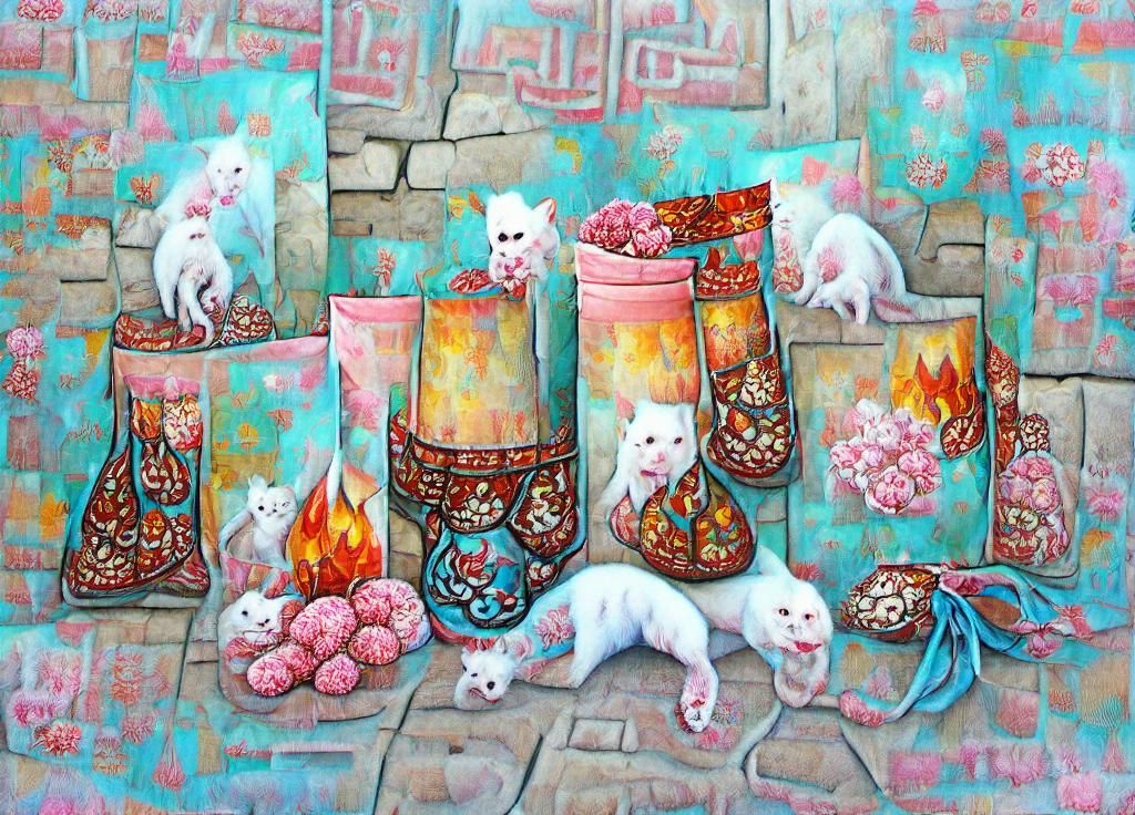 white cats, warm harmonious colours, warm pink, turquoise, oil painting style, bohemian fabric, floral, lanterns, Morocc...