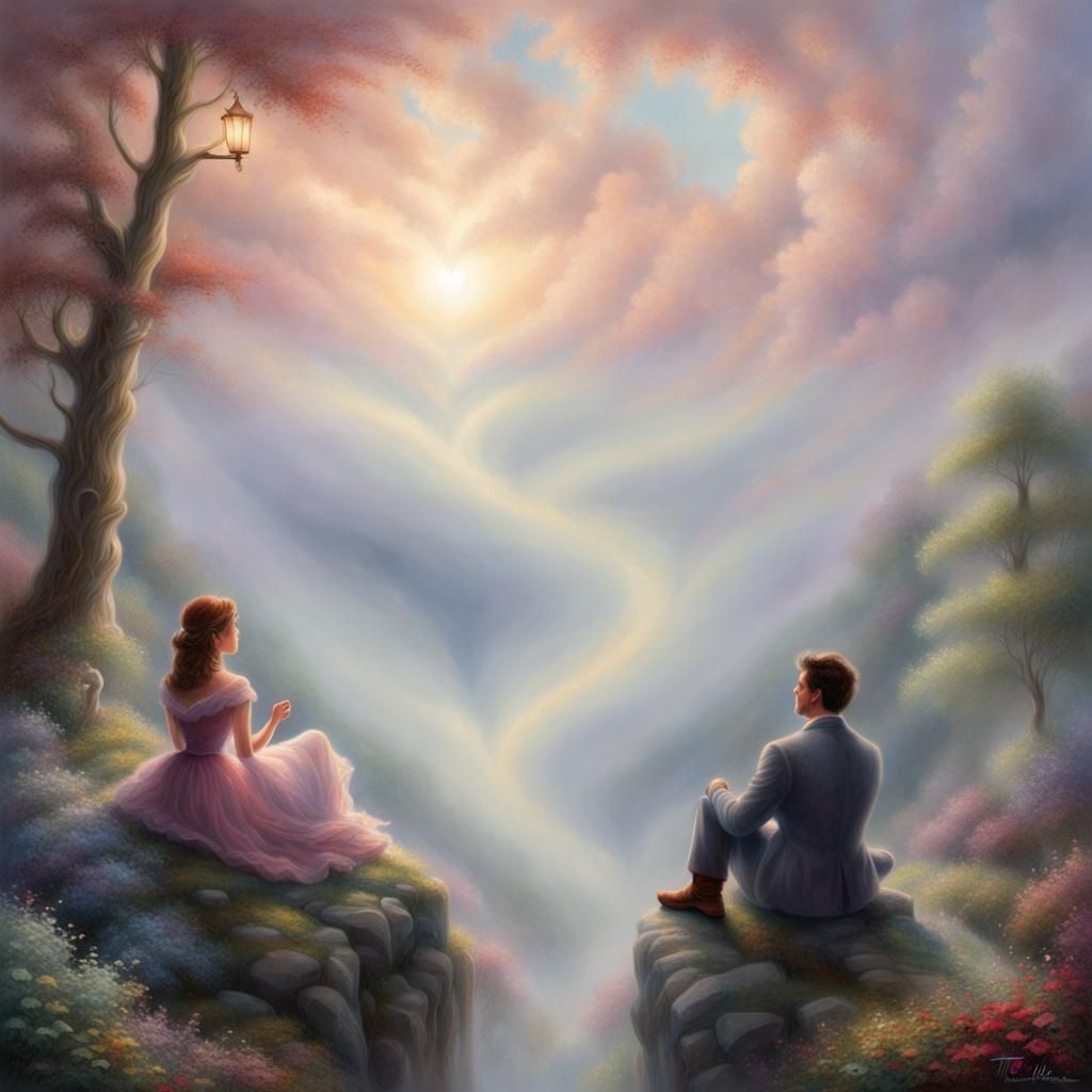 Ethereal Couple Gazing at Heart in Sky