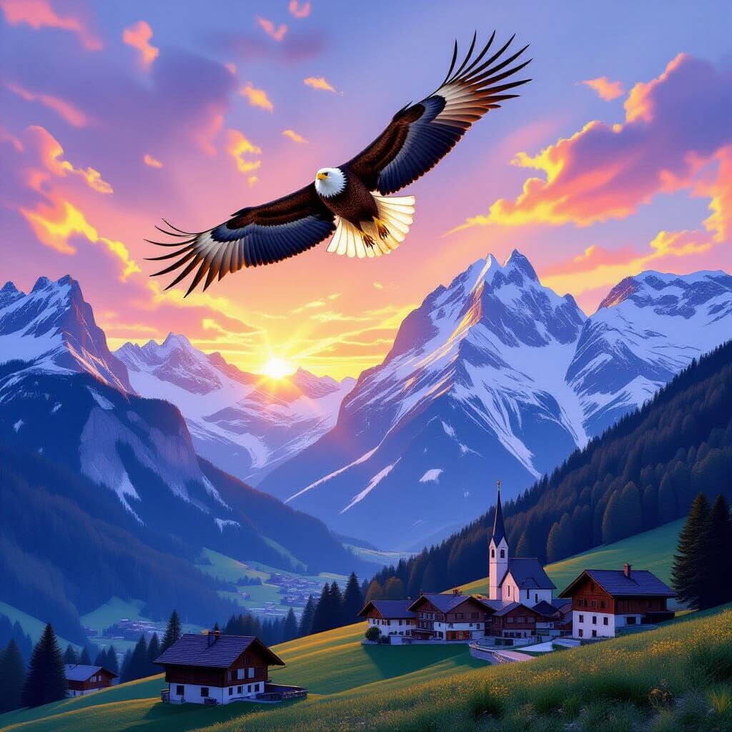 Majestic Eagle Soars Over Swiss Alps Sunrise
