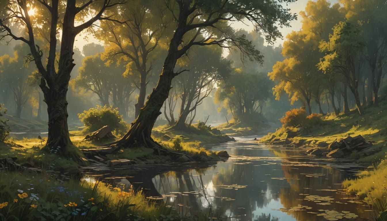 Tranquil River Landscape at Sunset in Matte Painting Style