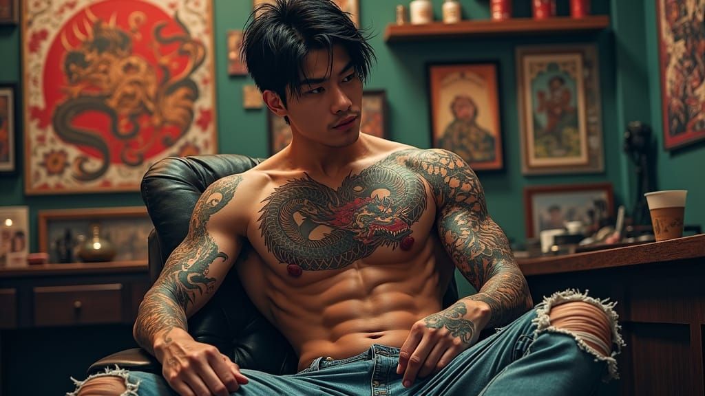 Tattooed Asian Male in a Tattoo Parlor