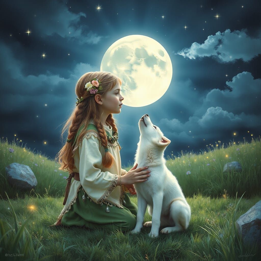 Celtic Child and Wolf Pup Howling at Moon