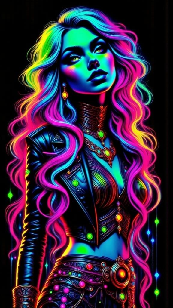 Vibrant Glowing Hair Raver Woman in Neon Outfit