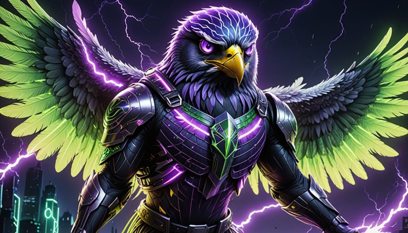 Cyberpunk Falcon in Flight with Neon Feathers